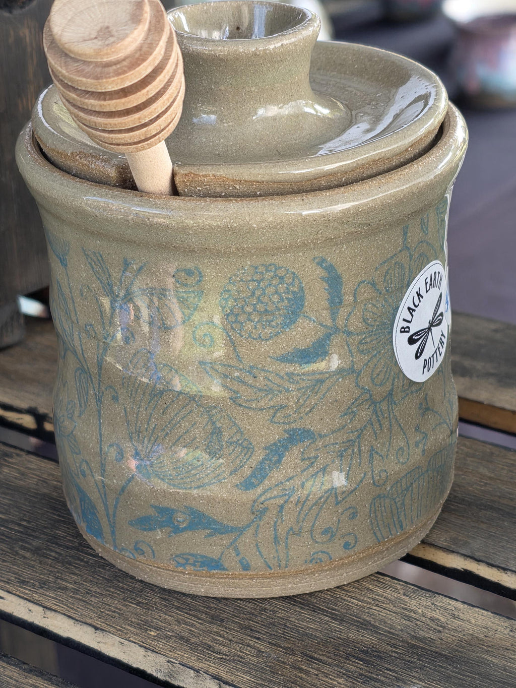 Handmade Ceramic Honey Pot with Wooden Dipper - 12 oz