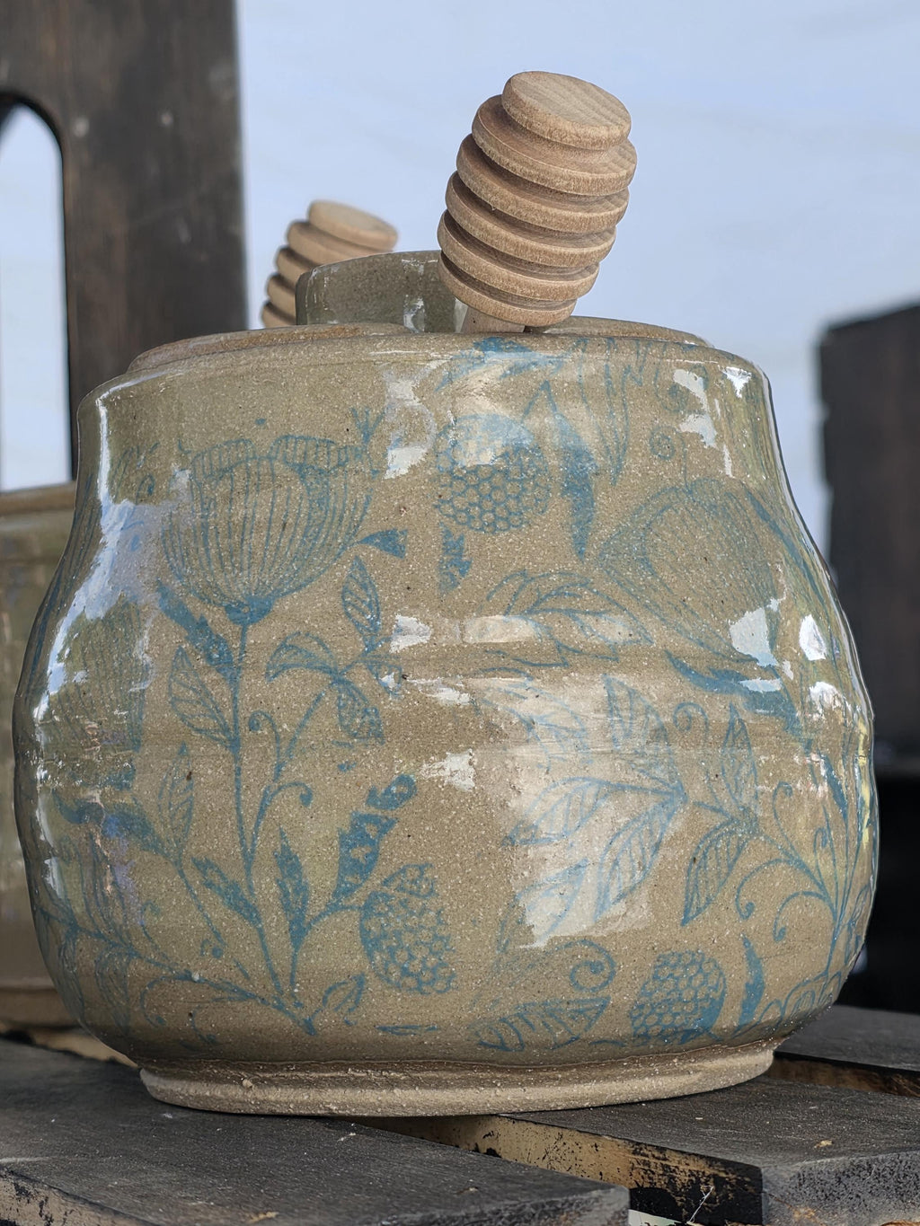 Handmade Ceramic Honey Pot with Wooden Dipper - 12 oz