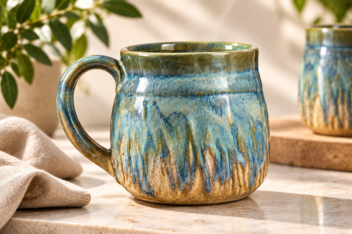 Pottery Mugs in multi colored glaze