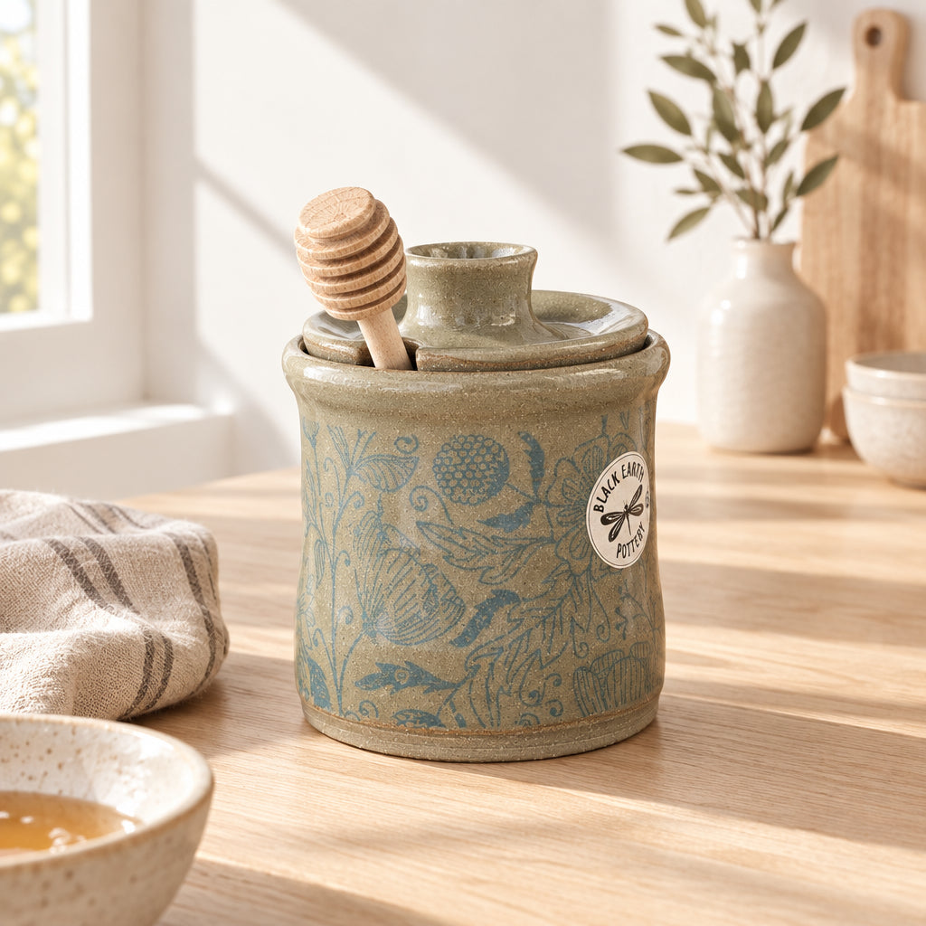 Handmade Ceramic Honey Pot with Wooden Dipper - 12 oz