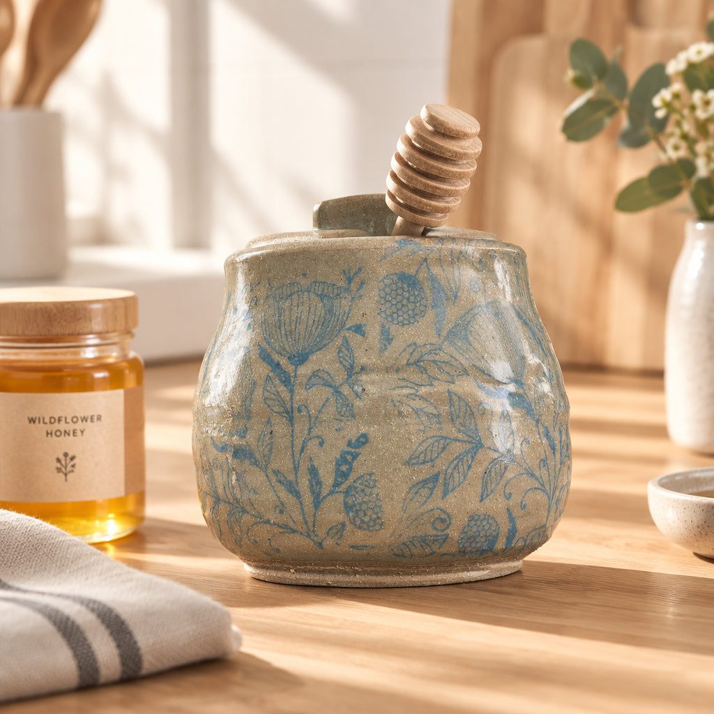 Handmade Ceramic Honey Pot with Wooden Dipper - 12 oz